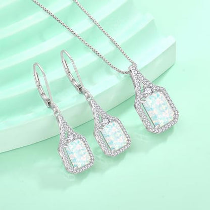 Created Gemstone Necklace 925 Sterling Silver Halo Rectangular Pendant Birthstone Necklaces Jewelry Gifts for Women - color: 10 October - White Opal