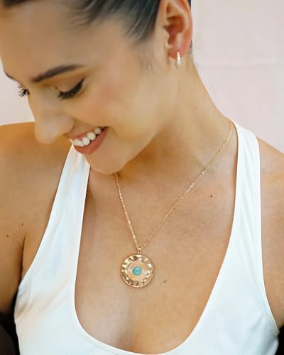 Aobei Pearl 18K Gold Plated Pendant Necklace for Women Dainty Gold Chain Choker Love Heart Disc Coin Pearl Cross Toggle Jewelry - style: Turquoise Hammered Coin