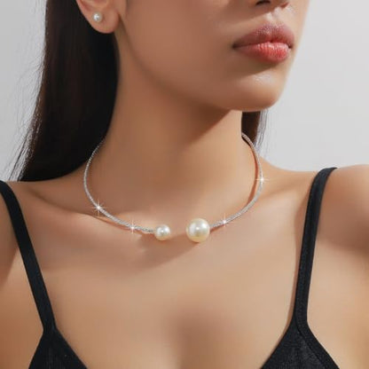Gold Jewelry Set for Prom,Pearl Necklace Earrings Bracelet Crystal Bridal Wedding Prom Dresses Costume Jewelry Accessories Rhinestone Bridal Jewelry Set for Women - color: Silver Pearl