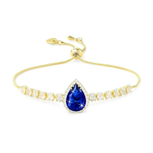 Linawe Crystal Imitation Diamond Rhinestone Charm Bracelets for Women, Gold/Silver/Rose Gold Adjustable Chain Bracelet, Teardrop Birthstone Cubic Zirconia Prom Costume Wedding Jewelry - color: Gold,Sep