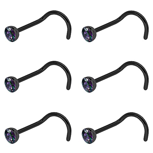 20G & 18G Nose Rings - Black, Silver & Gold Stainless Steel Studs & Screws - L Shaped & Bone Nose Rings Set - Clear CZ Nostril Piercing Jewelry - color: Black: 3mm RQ-CZ/ Screw Nose/ 20G/ 6Pcs