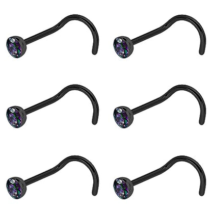20G & 18G Nose Rings - Black, Silver & Gold Stainless Steel Studs & Screws - L Shaped & Bone Nose Rings Set - Clear CZ Nostril Piercing Jewelry - color: Black: 3mm RQ-CZ/ Screw Nose/ 20G/ 6Pcs