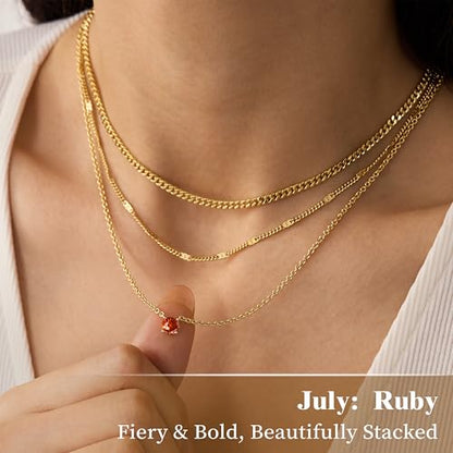 WomenGifts Layered Gold Necklaces for Women, 14K Gold Sterling Silver Plated Dainty Pendant Necklace Set Non Tarnish, Chunky Stackable Cuban Chain Choker, Trendy Birthstone Vacation Jewelry Gift - color: Gold, style: Cubic Zirconia-Created Ruby-July