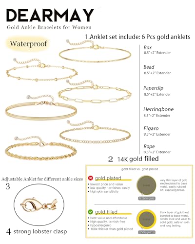 Dainty Ankle Bracelets for Women Waterproof | Layered Gold Plated Tennis Cuban Snake Rope Paperclip Beaded Link Chains Set, Summer Beach Jewelry Gift - color: Gold Anklet B