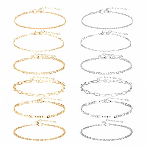 12pcs Gold/Silver Ankle Bracelets for Women Layered Waterproof 14k Cuban Link Chain Anklets Set Adjustable Dainty Summer Beach Gold Accessories Boho Bracelet Jewelry - style: 12PCS Style A