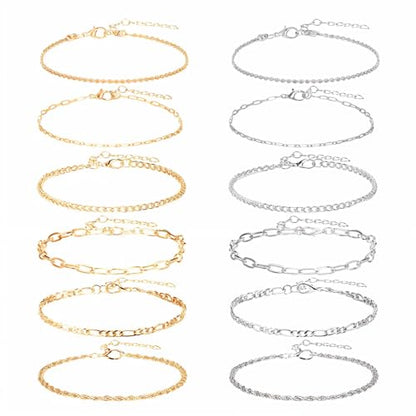 12pcs Gold/Silver Ankle Bracelets for Women Layered Waterproof 14k Cuban Link Chain Anklets Set Adjustable Dainty Summer Beach Gold Accessories Boho Bracelet Jewelry - style: 12PCS Style A