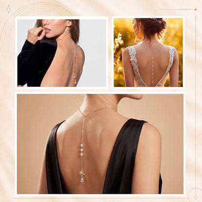 Tondiamo 6 Pack Back Necklace for Backless Dress, Bridal Wedding Rhinestone Body Jewelry, Alloy Pearl Back Necklace Set, Elegant Dress Accessories for Women Evening Gown, Party, Prom, Formal Events