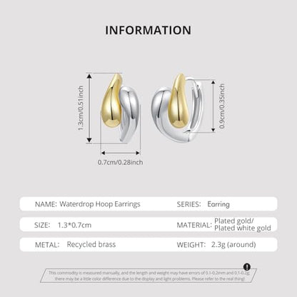 14K Gold Plated Two-Tone Oval Hoop Earrings for Women, Water Drop Design Lightweight Huggie Earrings,925 Sterling Silver Posts Double Drop Chunky Hoops Hypoallergenic Ear Buckles - color: Silver