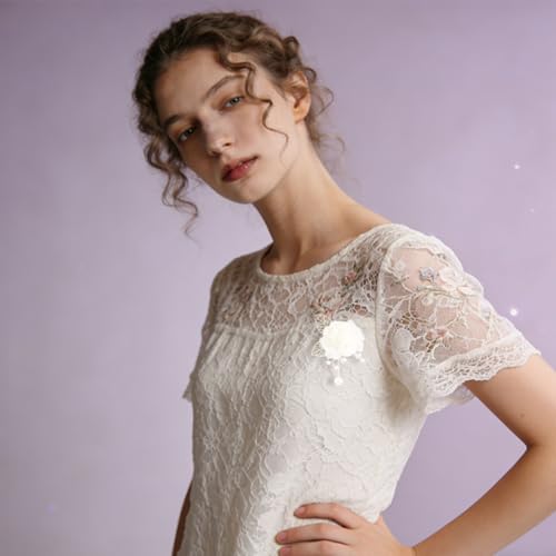 Handmade Elegant Red Rose Flower Brooch Pin for Women Crystal Pearl Fabric Flower Lapel Pin Dress Suit Accessories - color: White B