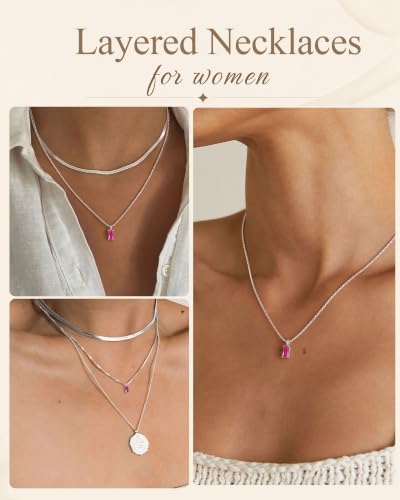 FUNEIA Diamond Necklaces for Women 14K Gold Plated Emerald Birthstone Necklace for Women Mothers Dainty Gold Necklace Blue Green Cubic Zirconia Pendant Necklace Birthday Gifts for Women Jewelry - color: 07. July(Ruby)-Silver