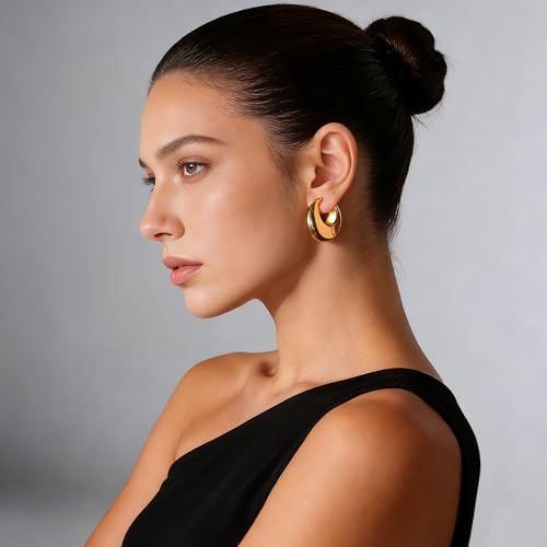 Chunky Hoop Earrings for Women 14K Gold Plated Small Huggie Hoops Lightweight Hypoallergenic Jewelry Gift - style: Simple Hoop-gold 22mm