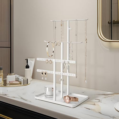 susswiff Jewelry Holder Organizer Stand - Adjustable Jewelry Tree 17.5" Height (Max), Jewlery Hanger for Necklaces, Bracelets, Earrings, Stainless, White - color: White