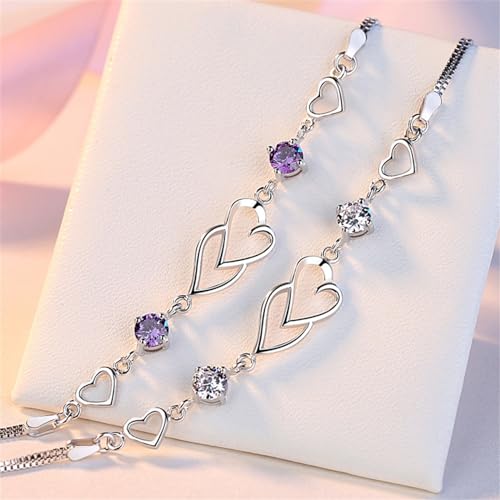 925 Sterling Silver Bracelets for Women Adjustable Love Heart Charm Chain Bracelets Fashion Jewelry Valentine's Day Gifts for Your Lover - color: 4-Purple