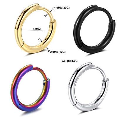 Black Hoop Earrings for Men 8mm 10mm 12mm – Surgical Stainless Steel Hypoallergenic Mens Small to Medium Hoop Earrings Set (3 Pairs) - style: C:4pairs,12mm,black+steel+rainbow+gold