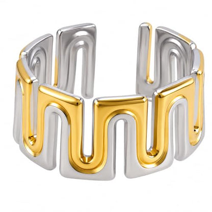 Gold Open Ring Stainless Steel Geometric Wide Band Adjustable Statement Ring for Women Daily Party Jewelry - color: B0104-Silver