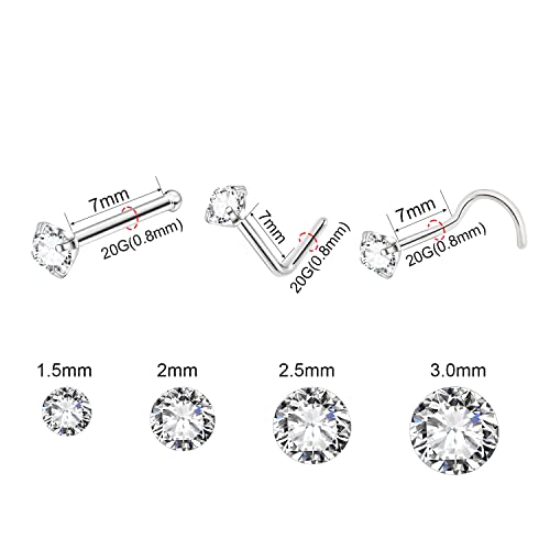 8PCS Titanium Nose Rings Stud, Gold Nose Ring for Women Men Hypoallergenic Nostril Hoops L Shape Nose Studs Corkscrew CZ Nose Piercing Jewelry Silver 18G & 20G Nose Ring Studs 2/2.5/3mm - style: Silver-12-three shape