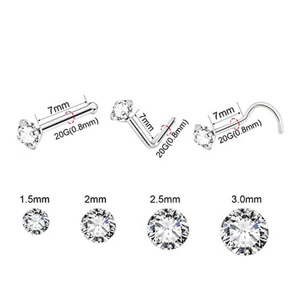 8PCS Titanium Nose Rings Stud, Gold Nose Ring for Women Men Hypoallergenic Nostril Hoops L Shape Nose Studs Corkscrew CZ Nose Piercing Jewelry Silver 18G & 20G Nose Ring Studs 2/2.5/3mm - style: Silver-12-three shape