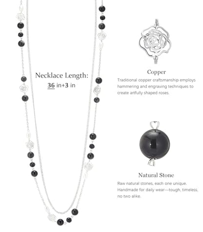 FULU AUTUMN Long Layered Silver Necklaces for Women - Natural Stone and Dainty Flower Beaded Sweater Chain Fashion Jewelry Gifts - color: Black