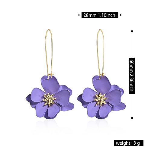 Bohemian Daisy Flower Matte Floral Long Petal Drop Dangle Earrings Layered Tiered for Women Chic Boho Wedding Jewelry - color: Violet