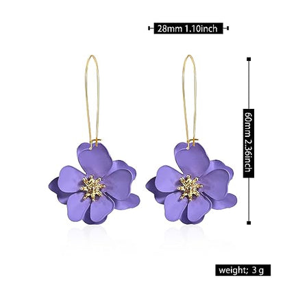Bohemian Daisy Flower Matte Floral Long Petal Drop Dangle Earrings Layered Tiered for Women Chic Boho Wedding Jewelry - color: Violet