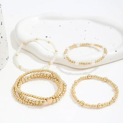 Pearl Bracelets for Women Simulated Pearl Beaded Bracelet White Pearls Stackable Stretch Bracelet Set Multilayered Elastic Pearls Bracelets for Women Bridesmaid Bridal Jewelry - color: gold heart