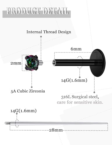 18G 16G 14G Internally Threaded Nose Rings Studs Flat Back Earrings Surgical Steel CZ Nose Rings Stud Tragus Helix Conch Cartilage Earrings Stud Piercing Jewelry For Women Men Hypoallergenic - color: Black-Rainbow CZ, size: 14 Gauge-6mm Bar-2mm CZ