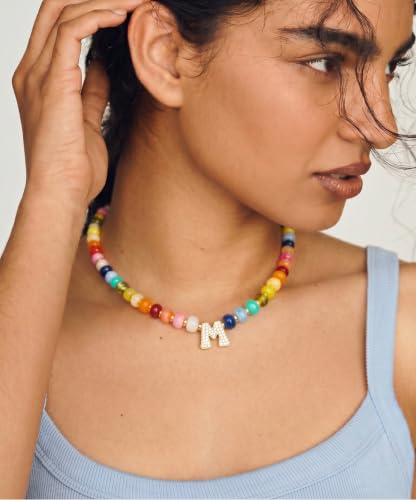 Colorful Beaded Initial Necklace for Women - Colorful Letter A-Z Necklaces, 14K Gold Plated Zirconia Bubble Letter Charm, Women Gold Jewelry Personalized Birthday Gifts - color: M