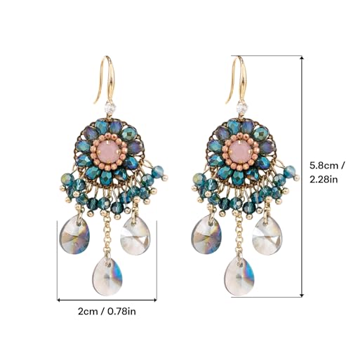 Fringe Dangling Tassel Earrings for Women, Handcrafted Chandelier Long Bohemian Beaded Cubic Zirconia Crystal Imitation Pearls Inlay Statement Boho Chain Hook Earrings for Wedding Party - color: Pink Blue Drop