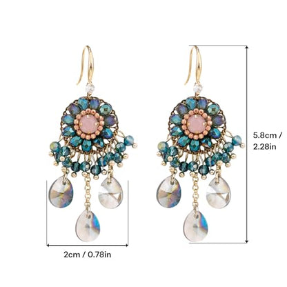 Fringe Dangling Tassel Earrings for Women, Handcrafted Chandelier Long Bohemian Beaded Cubic Zirconia Crystal Imitation Pearls Inlay Statement Boho Chain Hook Earrings for Wedding Party - color: Pink Blue Drop