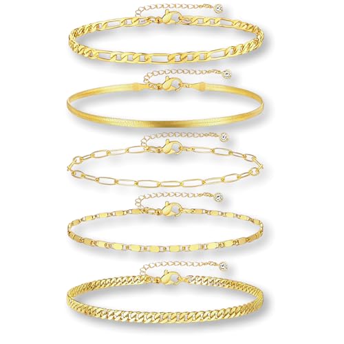 5PCS 14K Gold Plated Ankle Bracelets Set for Women Men,Waterproof Adjustable Anklets for Summer Beach,Layered Paperclip Beaded Cuban Herringbone Link Chain,Jewelry Accessory for Couples Wife GF BF Holiday Gifts - color: Gold - A