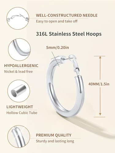 FindChic Hoop Earrings for Women, Silver/Black/14K Gold Plated Hypoallergenic Hollow Round Tube Loop Earrings, 20mm/30mm/40mm/60mm/80mm Chunky Hoops with Custom Name Options & Gift Box - color: b.Silver, size: 40MM
