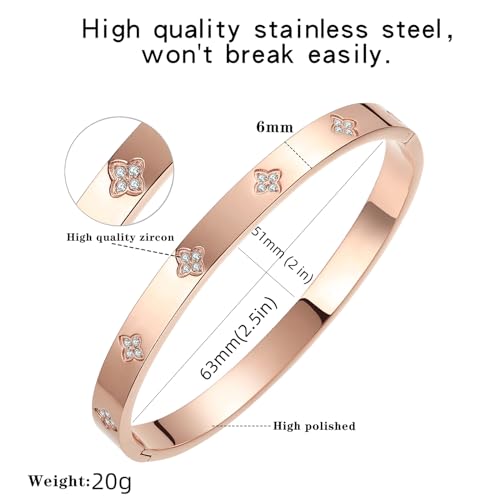 14K Gold Plated Four Leaf Clover Bangle Bracelet | Stainless Steel Lucky Love Cuff with Cubic Zirconia, Hypoallergenic Jewelry Gift for Women - color: Clover Rose Gold-Medium