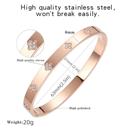 14K Gold Plated Four Leaf Clover Bangle Bracelet | Stainless Steel Lucky Love Cuff with Cubic Zirconia, Hypoallergenic Jewelry Gift for Women - color: Clover Rose Gold-Medium