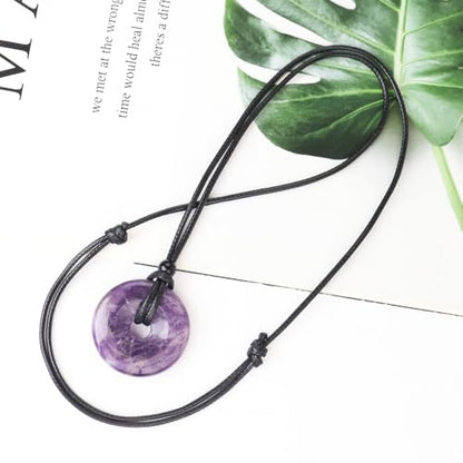 Anjiucc Natural Gemstone Pendant Necklce Lucky Coin Crystal Necklace Donut Pendnat with Adjustable Rope Healing Crystal for Men - color: Amethyst