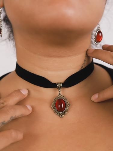 Red Velvet Victorian Choker, Black Choker, Gothic Goth Vintage Necklace | Zinc Alloy, Glass, Velvet, 12.6 in & 4.3 in extender chain, Gothic Vintage Steampunk Jewelry, Halloween Costumes Jewelry