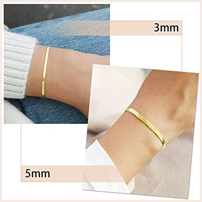 ChainsHouse Stainless Steel Herringbone Flat Chain Bracelets for Women,18K Gold/Rose Gold/Black Metal Paperclip/Snake/Cuban/Figaro Sterling Silver Link Charm Bracelet, 16+5cm Adjustable, With Gift Box - color: f. herringbone-gold-6mm