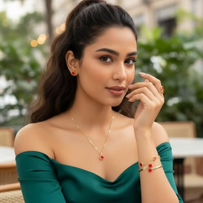 Clover Jewelry Set for Women Non Tarnish Gold-Tone Five Leaf Clover Necklace, Earrings, Ring, Bracelet Fashion Simple Floral Jewelry Set - color: Red