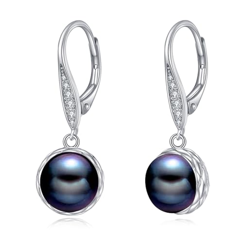 925 Sterling Silver 8mm Pearl Dangle Drop Earrings Moonstone Larimar Opal Rose Quartz Black Pearl Leverback Earrings for Women Christmas Gifts for Her - style: Black Pearl Earrings