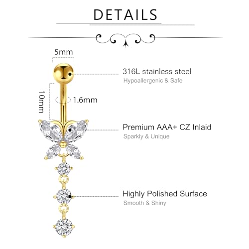 D.Bella Belly Rings for Women Belly Button Piercing Clicker Belly Button Ring Belly Button Rings Dangling 14G Surgical Steel CZ Butterfly Dangle Belly Piercing Jewelry Silver Rose Gold - color: B -Gold