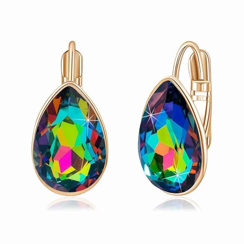 Austrian Crystal Teardrop Leverback Drop Earrings for Women | 14K Gold-Plated Finish, Sparkling Pear Stone, Smooth Bezel Frame, Secure Leverback Closure, Dainty Day-To-Evening Style - color: Vitrail Medium