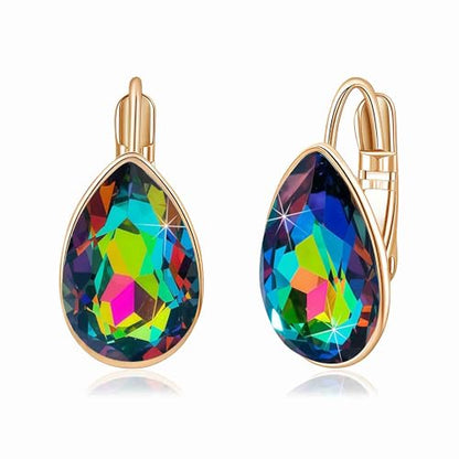Austrian Crystal Teardrop Leverback Drop Earrings for Women | 14K Gold-Plated Finish, Sparkling Pear Stone, Smooth Bezel Frame, Secure Leverback Closure, Dainty Day-To-Evening Style - color: Vitrail Medium