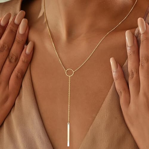 Lariat Gold Necklaces for Women Trendy, Dainty Gold Long Necklace 14k Gold Plated Y-Shaped Layered Necklaces Cz Beaded Bar Pendant Choker Necklace Drop Gold Chain Necklace Gold Jewelry Gift for Women