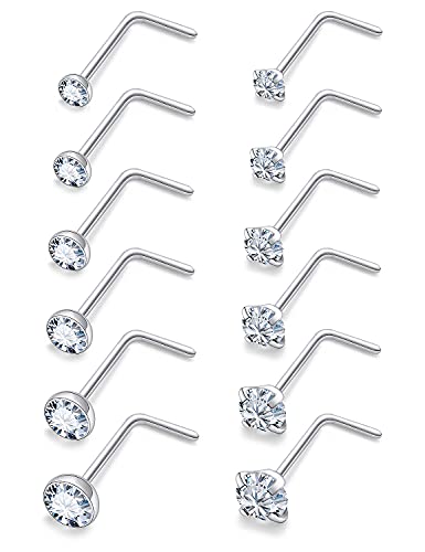 18G 20G 22G 24G Nose Rings Studs 316L Surgical Steel L Shaped Nose Nostril Studs Piercing Jewelry for Women Men Silver Gold Black CZ 1.5mm 2mm 2.5mm 3mm 3.5mm 4mm - style: Silver-20G(0.8mm)-7mm Bars-1.5mm 2mm 2.5mm 3mm 3.5mm 4mm CZ