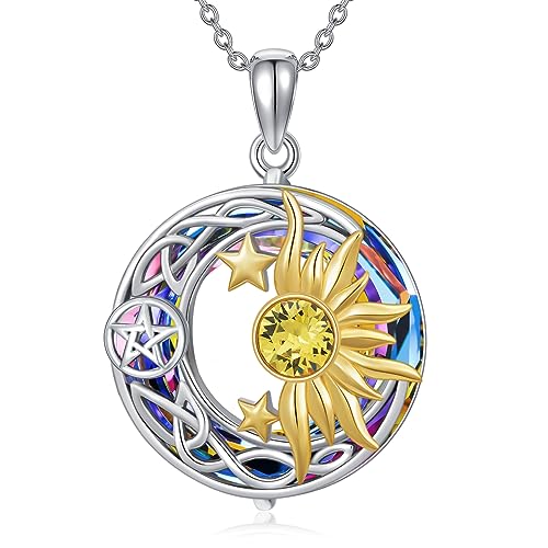 AOBOCO 925 Sterling Silver Moon Sun Star Necklace Celtic Jewelry for Women Girls - color: Circle Crystal-Volcano Color