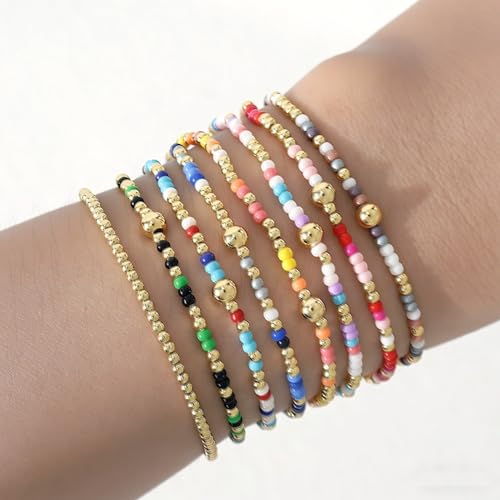 Colorful Stackable Rice Small Mini Seed Beaded Bracelets Set For Women, Handmade Dainty Boho Gold Glass Stretch Accessories Jewelry,Summer Beach Party Daily Friendship Gift - color: Rainbow175