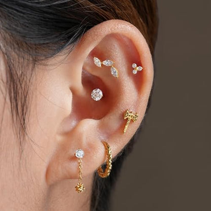 FINE4U 16G CZ Cluster Climber Cartilage Earring for Helix, Tragus - ASTM F136 Titanium Triple Marquise Labret Stud, Screw on Nickel Free Flat Back Jewelry - color: Triple Marquise - White CZ - Gold