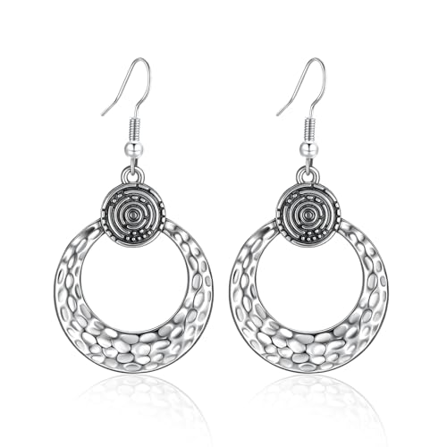 Silver Dangle Earrings For Women Trendy,Boho Cute Drop Western Earings,Vintage Gothic Ethnic Statement Beach Vacation Long Earrings with Leaf Teardrop Turquoise Crystal Tassels,Fashion Jewelry Birthday Gift. - color: A55) Retro Silve Loops Dangle