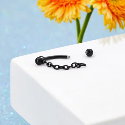 3 Pcs 316L Stainless Steel 16G Tragus Helix Rook Piercing Jewelry with Chain, Cartilage Earrings for Women, Belly Button Ring Vertical Labret Lip Piercing Jewelry - color: Black, size: Ball