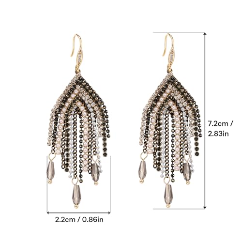 Fringe Dangling Tassel Earrings for Women, Handcrafted Chandelier Long Bohemian Beaded Cubic Zirconia Crystal Imitation Pearls Inlay Statement Boho Chain Hook Earrings for Wedding Party - color: Black Gold Hook