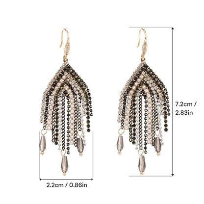 Fringe Dangling Tassel Earrings for Women, Handcrafted Chandelier Long Bohemian Beaded Cubic Zirconia Crystal Imitation Pearls Inlay Statement Boho Chain Hook Earrings for Wedding Party - color: Black Gold Hook
